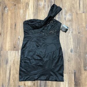 NWT Spiegel Black Satin Beaded One Shoulder Bodycon Pencil Formal Mini Dress